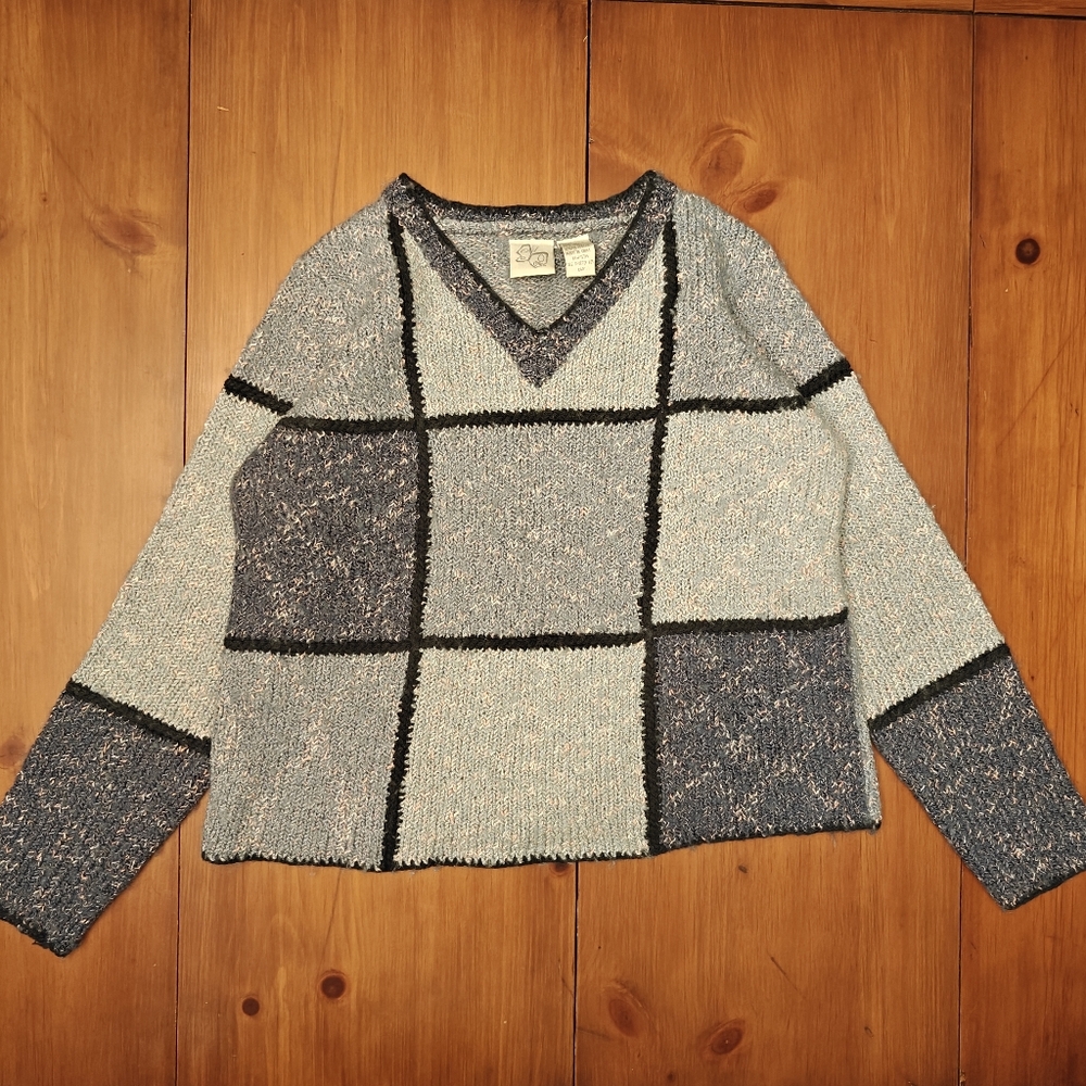 Y2K Patchwork Knit Sweater Stained Glass V-neck Women's Medium Wool‎ Blend Blue